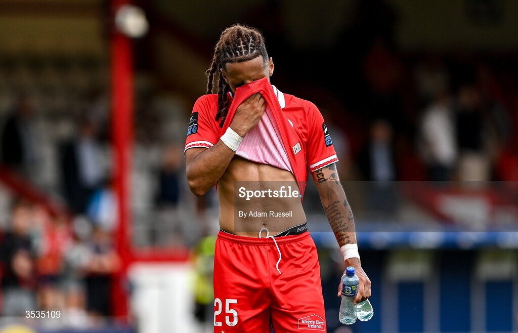 9 August 2026; Milan Mbeng of Shelbourne following the SSE Airtricity Men’s Premier Division match between Shelbourne and St Patrick's Athletic at Tolka Park in Dublin. Photo by Adam Russell/Sportsfile