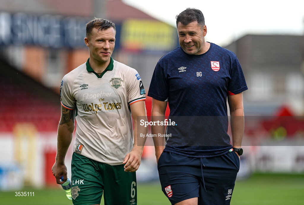 9 August 2026; St Patrick's Athletic's Jamie Lennon and assistant coach Brian Gartland after the SSE Airtricity Men’s Premier Division match between Shelbourne and St Patrick's Athletic at Tolka Park in Dublin. Photo by Adam Russell/Sportsfile