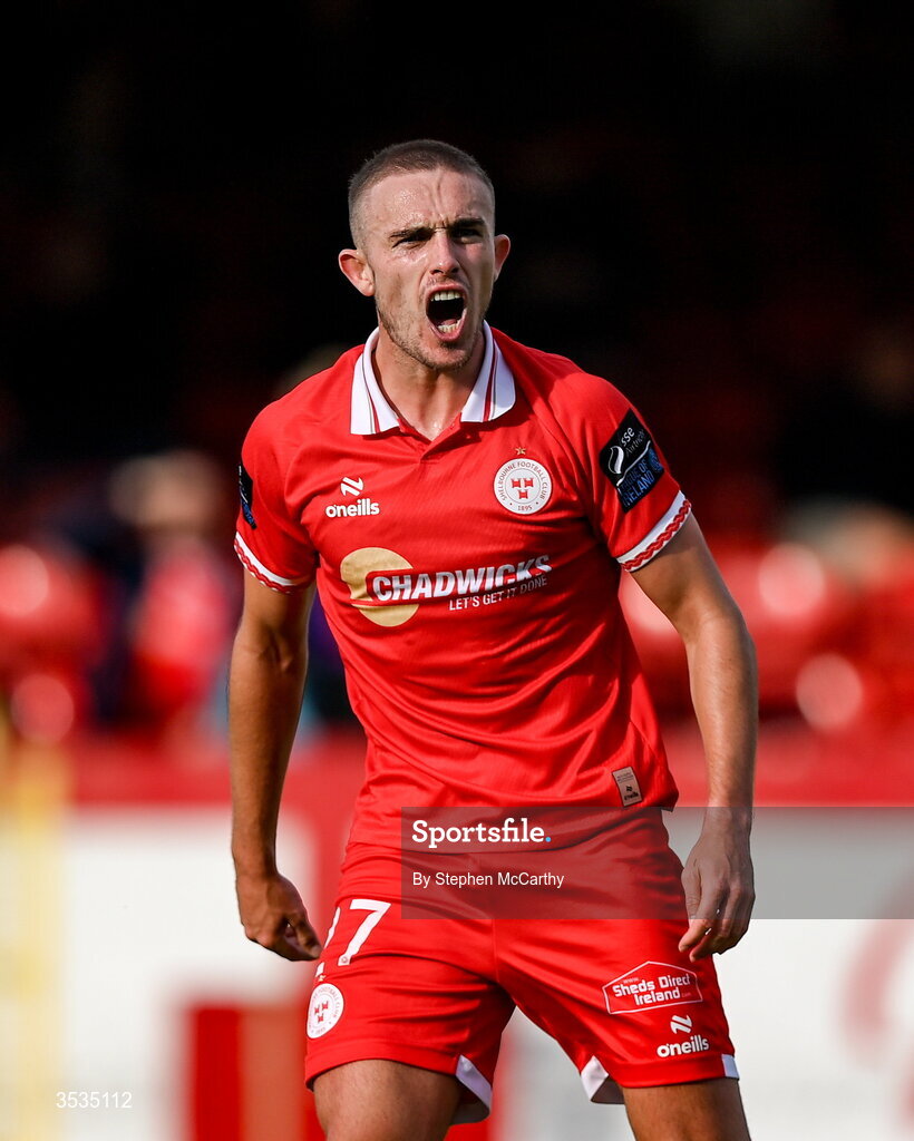 9 August 2026; Evan Caffrey of Shelbourne reacts during the SSE Airtricity Men’s Premier Division match between Shelbourne and St Patrick's Athletic at Tolka Park in Dublin. Photo by Stephen McCarthy/Sportsfile