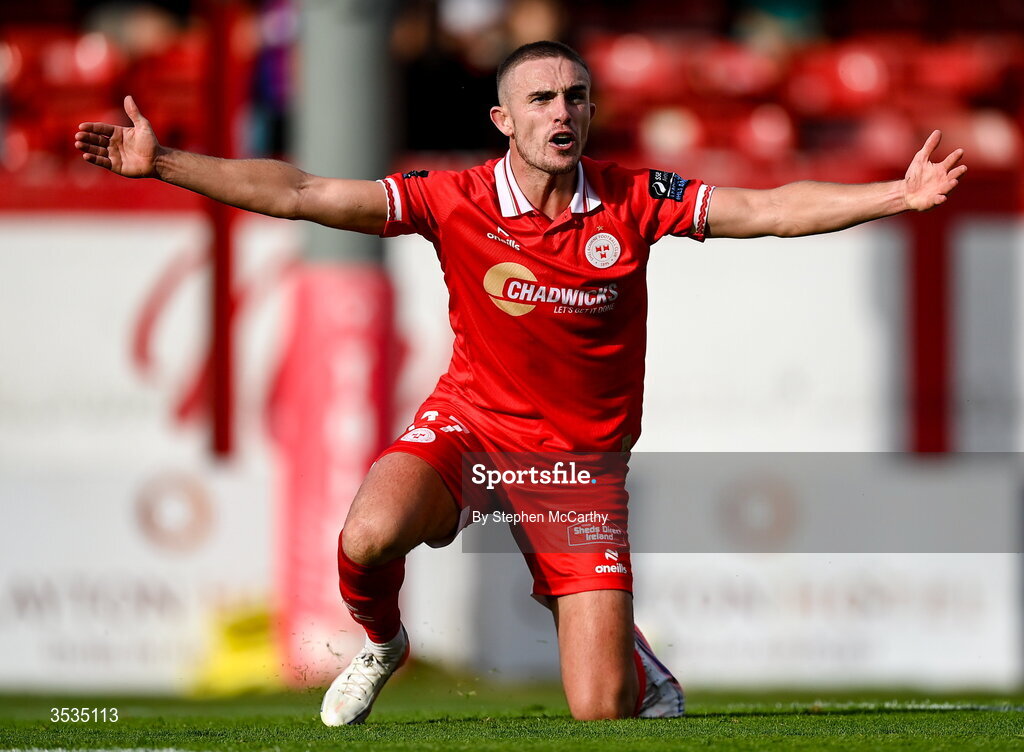 9 August 2026; Evan Caffrey of Shelbourne reacts during the SSE Airtricity Men’s Premier Division match between Shelbourne and St Patrick's Athletic at Tolka Park in Dublin. Photo by Stephen McCarthy/Sportsfile