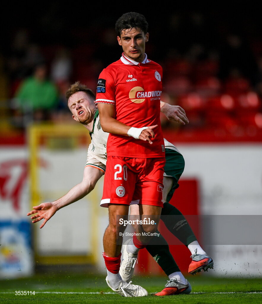 9 August 2026; Rodrigo Freitas of Shelbourne clashes with Sean Hoare of St Patrick's Athletic resulting in the Shelbourne player receiving a second yellow and subsequent red card during the SSE Airtricity Men’s Premier Division match between Shelbourne and St Patrick's Athletic at Tolka Park in Dublin. Photo by Stephen McCarthy/Sportsfile