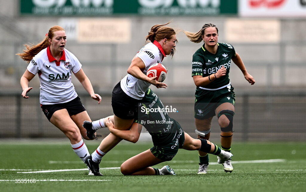 8 August 2026; Niamh Marley of Ulster is tackled by Anna McGann of Connacht during the Vodafone Womens Interprovincial Championship Round 1 match between Ulster and Connacht at Affidea Stadium in Belfast. Photo by Ben McShane/Sportsfile