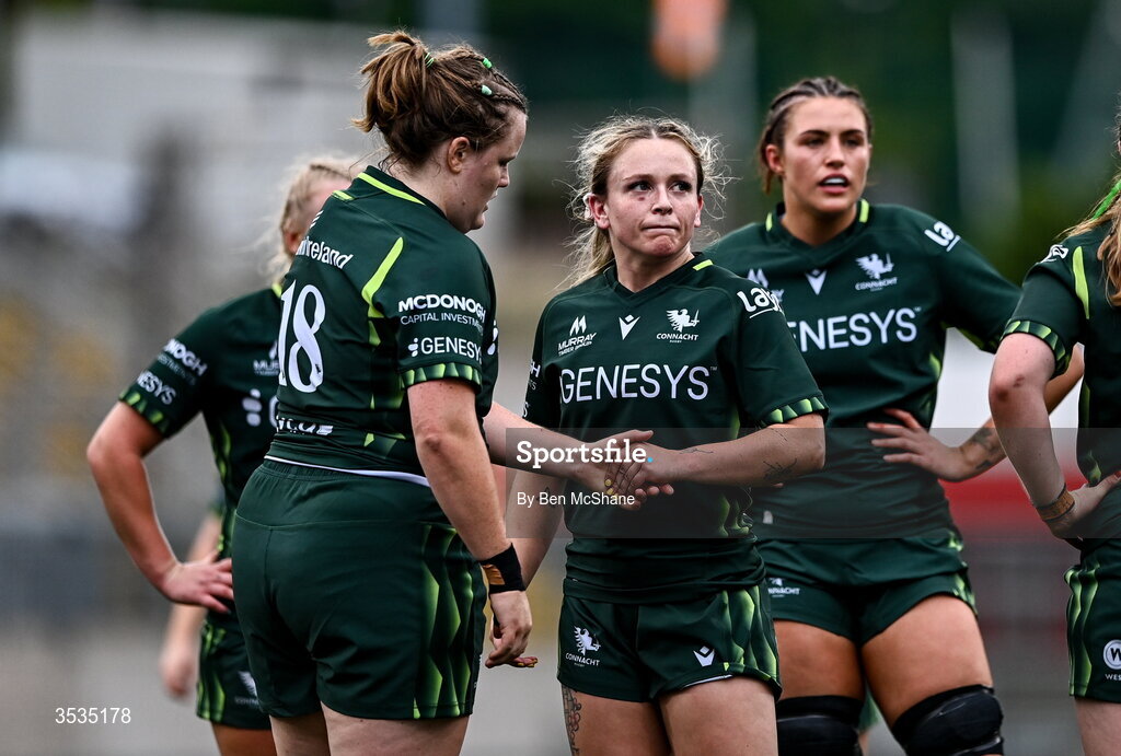 8 August 2026; Stacy Hanley, right, with Hannah Rapley of Connacht during the Vodafone Womens Interprovincial Championship Round 1 match between Ulster and Connacht at Affidea Stadium in Belfast. Photo by Ben McShane/Sportsfile