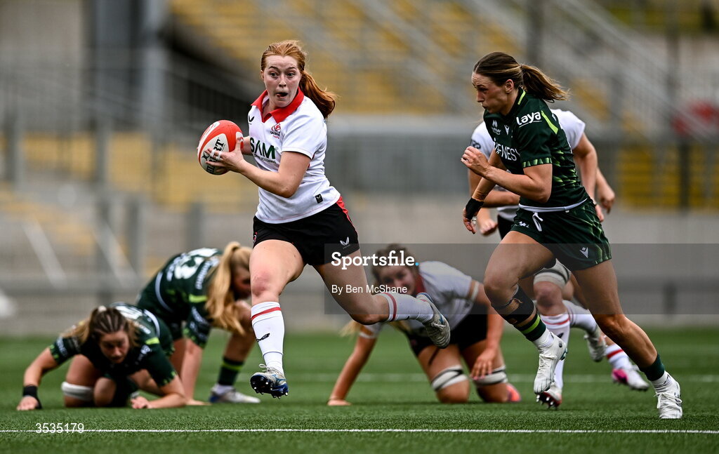 8 August 2026; Lucy Thompson of Ulster and Anna McGann of Connacht during the Vodafone Womens Interprovincial Championship Round 1 match between Ulster and Connacht at Affidea Stadium in Belfast. Photo by Ben McShane/Sportsfile