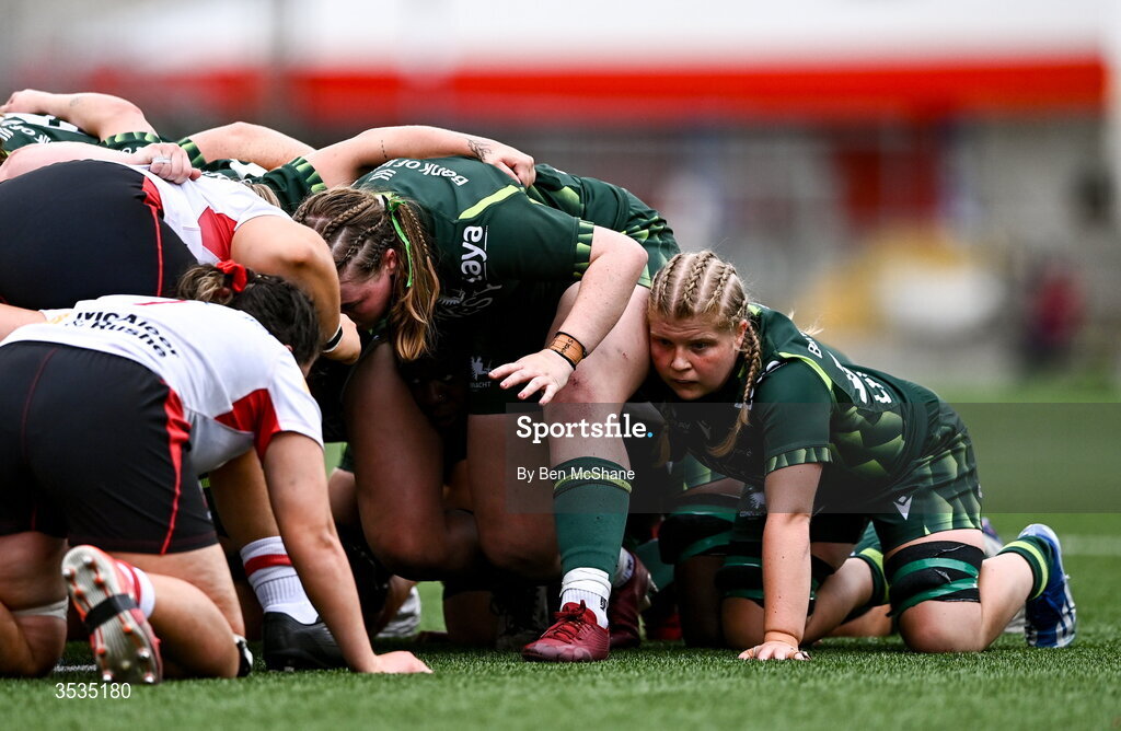 8 August 2026; Hannah Johnston of Connacht, right, in the scrum during the Vodafone Womens Interprovincial Championship Round 1 match between Ulster and Connacht at Affidea Stadium in Belfast. Photo by Ben McShane/Sportsfile