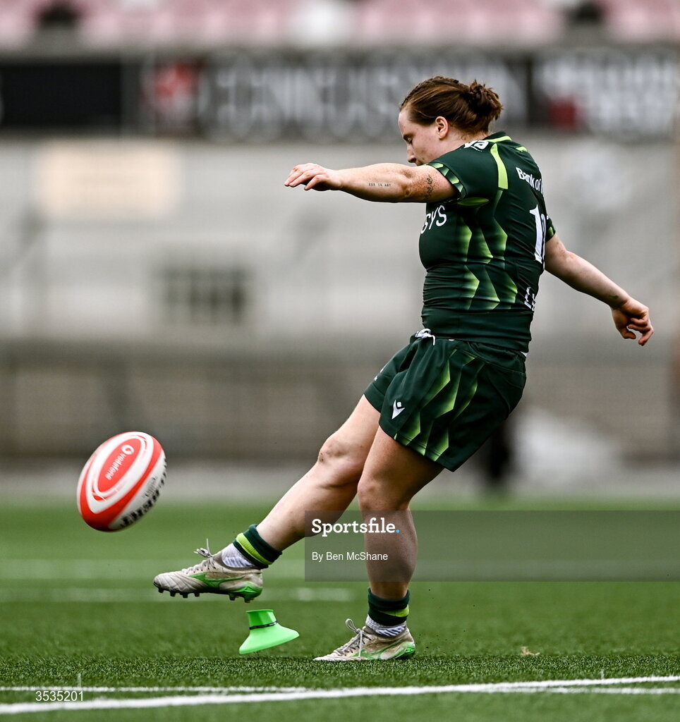 8 August 2026; Meabh Deely of Connacht kicks a penalty during the Vodafone Womens Interprovincial Championship Round 1 match between Ulster and Connacht at Affidea Stadium in Belfast. Photo by Ben McShane/Sportsfile