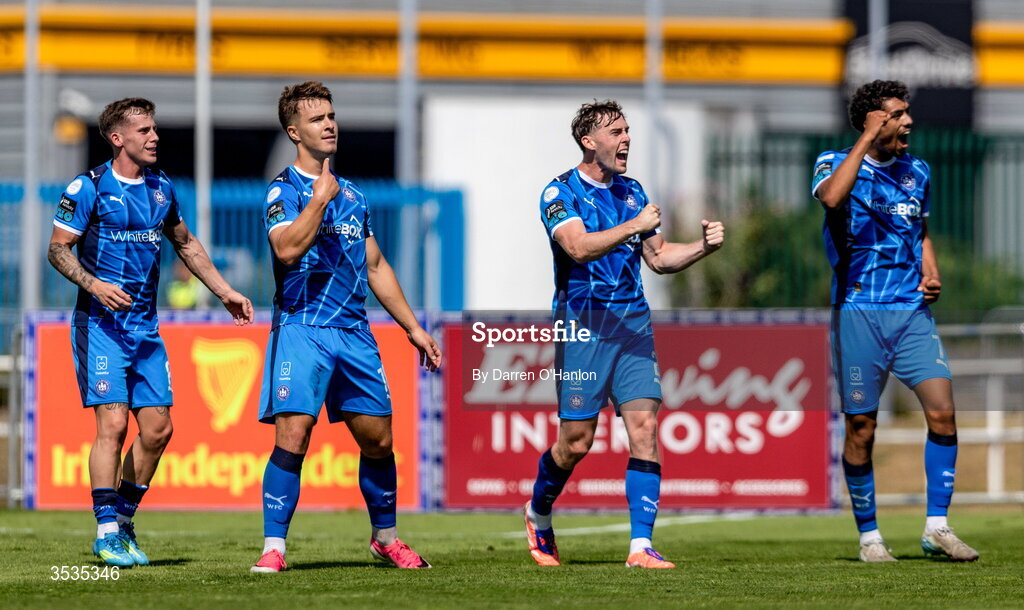 9 August 2026; Tommy Lonergan of Waterford, second from left, celebrates with teammates, from left, Evan McLaughlin, Jordan Houston, and Noah Mawene after scoring their side's first goal during the SSE Airtricity Men's Premier Division match between Waterford and Bohemians at the RSC in Waterford. Photo by Darren O'Hanlon/Sportsfile