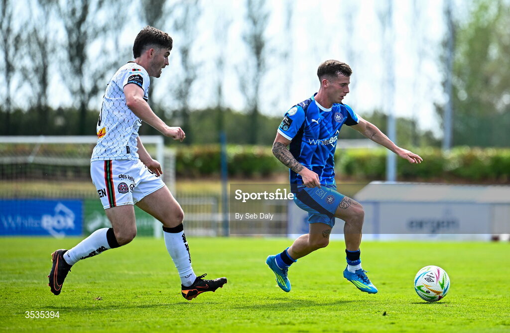 9 August 2026; Evan McLaughlin of Waterford in action against Colm Whelan of Bohemians during the SSE Airtricity Men's Premier Division match between Waterford and Bohemians at the RSC in Waterford. Photo by Seb Daly/Sportsfile