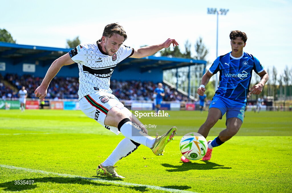 9 August 2026; Darragh Power of Bohemians in action against Benny Couto of Waterford during the SSE Airtricity Men's Premier Division match between Waterford and Bohemians at the RSC in Waterford. Photo by Seb Daly/Sportsfile