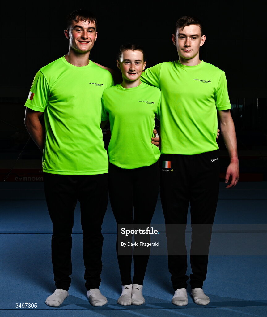 26 June 2026; Matthew, Roisin and James Hickey during the Gymnastics Ireland content gathering day at the Sport Ireland National Gymnastics Training Centre in Dublin. Photo by David Fitzgerald/Sportsfile