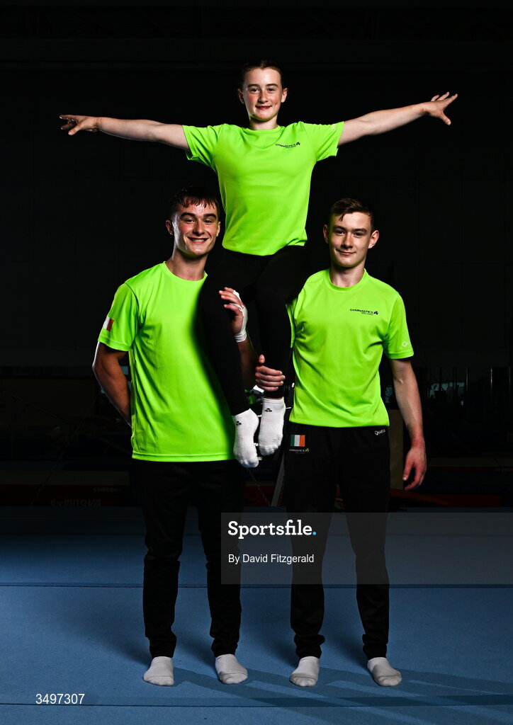 26 June 2026; Matthew, Roisin and James Hickey during the Gymnastics Ireland content gathering day at the Sport Ireland National Gymnastics Training Centre in Dublin. Photo by David Fitzgerald/Sportsfile