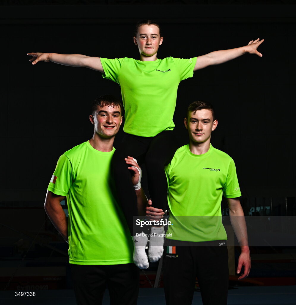 26 June 2026; Matthew, Roisin and James Hickey during the Gymnastics Ireland content gathering day at the Sport Ireland National Gymnastics Training Centre in Dublin. Photo by David Fitzgerald/Sportsfile