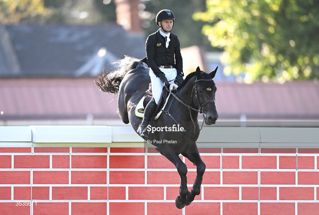 8 August 2026; Richard Howley of Ireland completes a jump on French Connection in the Defender Puissance during day four of the Gallagher Dublin Horse Show at the RDS in Dublin. Photo by Paul Phelan/Sportsfile