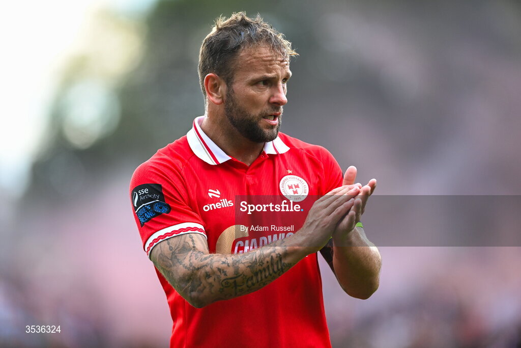 9 August 2026; Paddy Barrett of Shelbourne after the SSE Airtricity Men’s Premier Division match between Shelbourne and St Patrick's Athletic at Tolka Park in Dublin. Photo by Adam Russell/Sportsfile