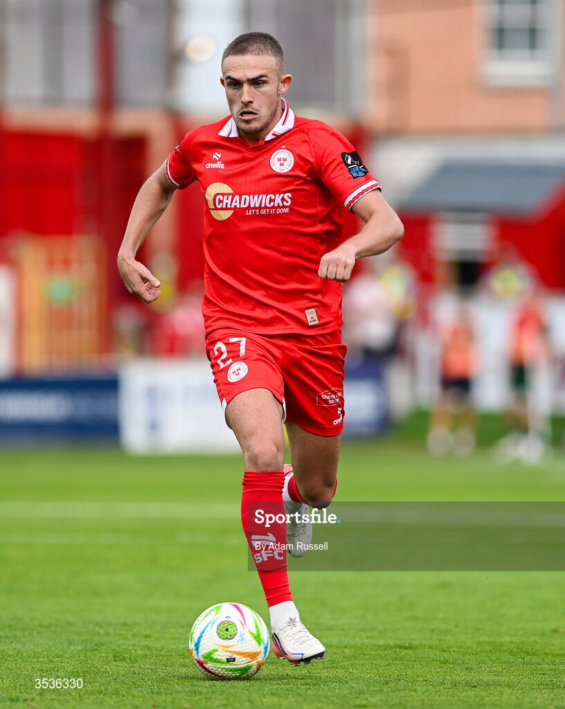 9 August 2026; Evan Caffrey of Shelbourne during the SSE Airtricity Men’s Premier Division match between Shelbourne and St Patrick's Athletic at Tolka Park in Dublin. Photo by Adam Russell/Sportsfile