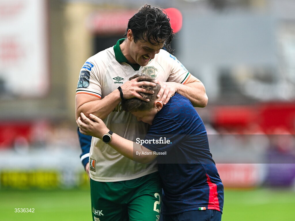 9 August 2026; James Brown of St Patrick's Athletic and Adam McGill after the SSE Airtricity Men’s Premier Division match between Shelbourne and St Patrick's Athletic at Tolka Park in Dublin. Photo by Adam Russell/Sportsfile