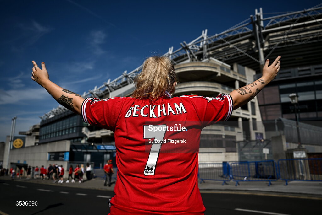 12 August 2026; Manchester United supporter Sarah McDowell from Raphoe, Donegal prior to the pre-season friendly match between Manchester United and Leeds United at Croke Park in Dublin. Photo by David Fitzgerald/Sportsfile