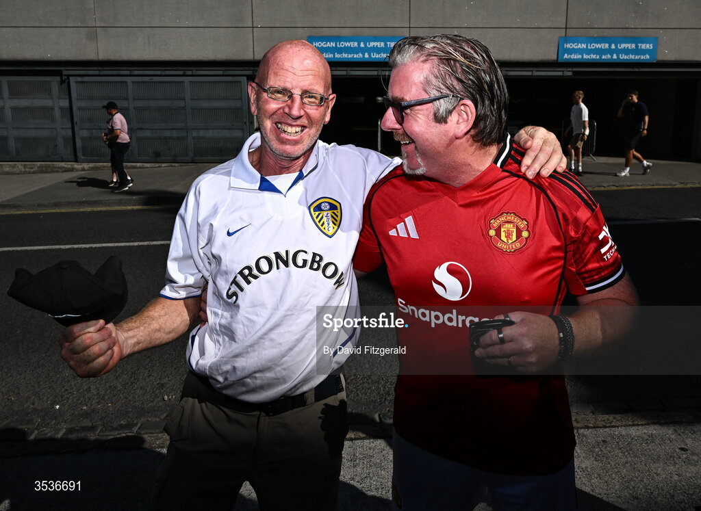 12 August 2026; Leeds and Manchester United supporters prior to the pre-season friendly match between Manchester United and Leeds United at Croke Park in Dublin. Photo by David Fitzgerald/Sportsfile