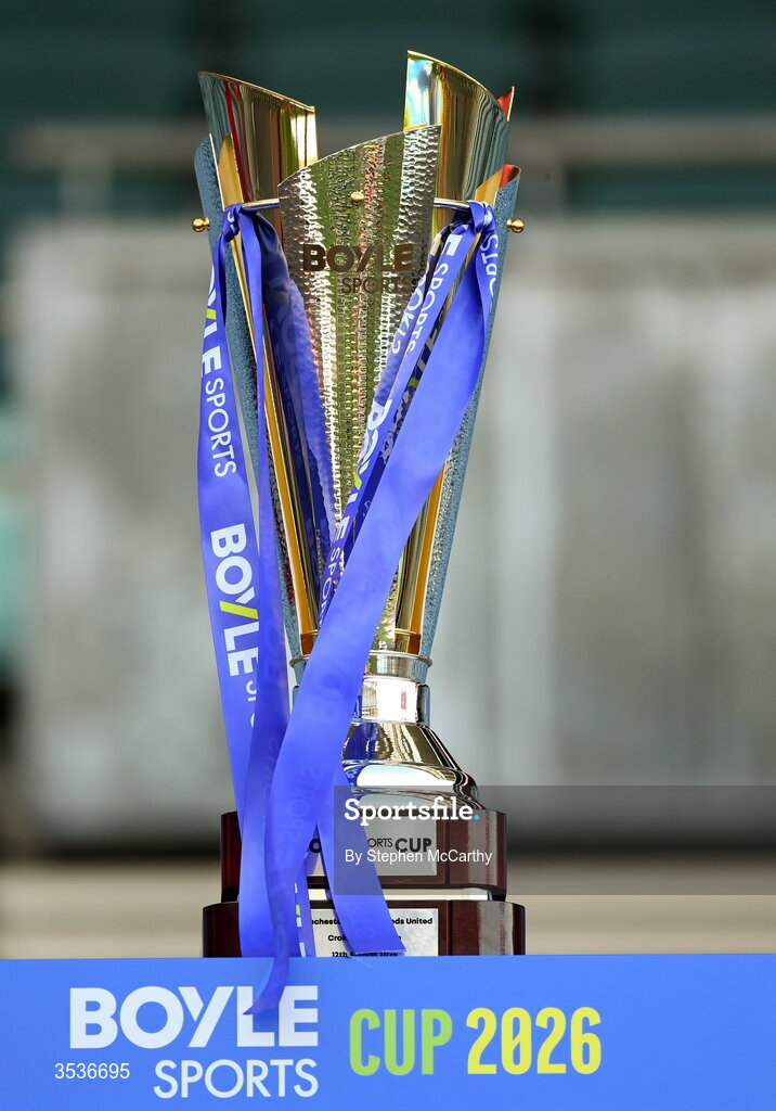 12 August 2026; The trophy is seen before the pre-season friendly match between Manchester United and Leeds United at Croke Park in Dublin. Photo by Stephen McCarthy/Sportsfile