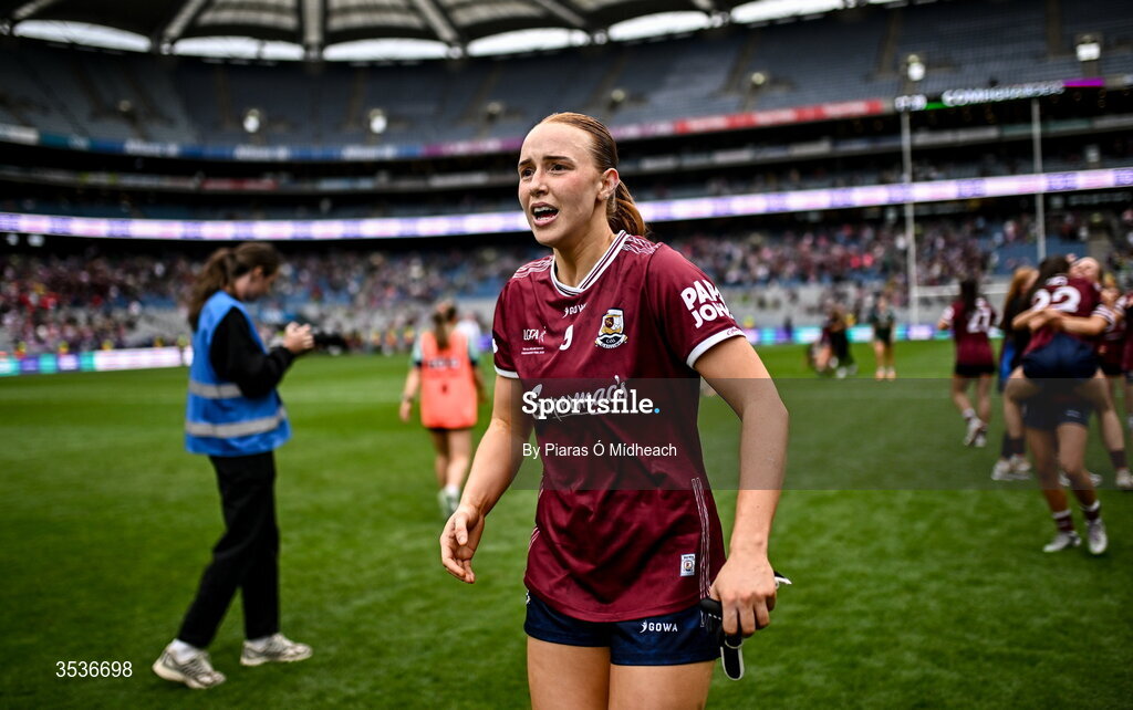 2 August 2026; Siobhán Divilly of Galway celebrates after the LGFA TG4 All-Ireland Senior Championship final match between Galway and Kerry at Croke Park in Dublin. Photo by Piaras Ó Mídheach/Sportsfile