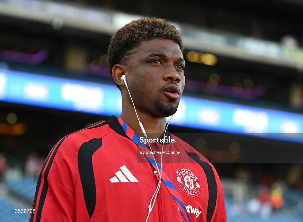 12 August 2026; Amad Diallo of Manchester United walks the pitch before the pre-season friendly match between Manchester United and Leeds United at Croke Park in Dublin. Photo by Stephen McCarthy/Sportsfile