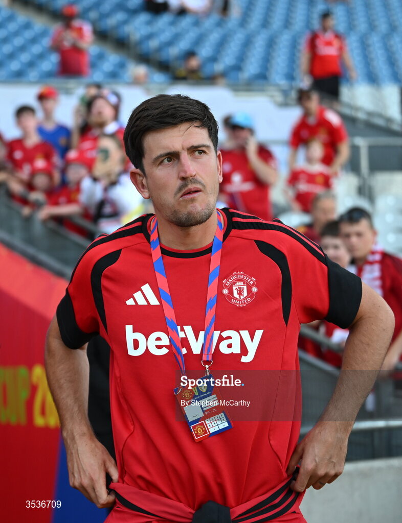 12 August 2026; Harry Maguire of Manchester United walks the pitch before the pre-season friendly match between Manchester United and Leeds United at Croke Park in Dublin. Photo by Stephen McCarthy/Sportsfile