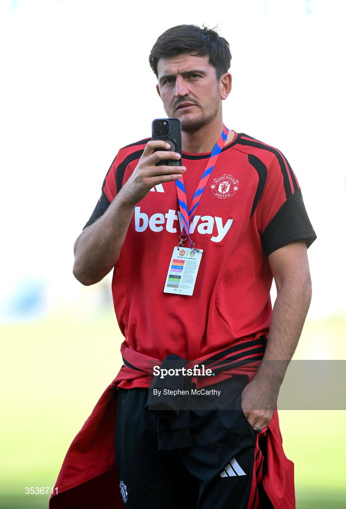 12 August 2026; Harry Maguire of Manchester United walks the pitch before the pre-season friendly match between Manchester United and Leeds United at Croke Park in Dublin. Photo by Stephen McCarthy/Sportsfile