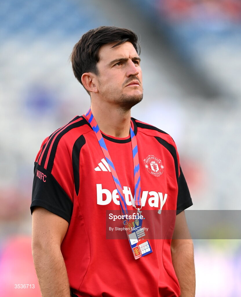 12 August 2026; Harry Maguire of Manchester United walks the pitch before the pre-season friendly match between Manchester United and Leeds United at Croke Park in Dublin. Photo by Stephen McCarthy/Sportsfile