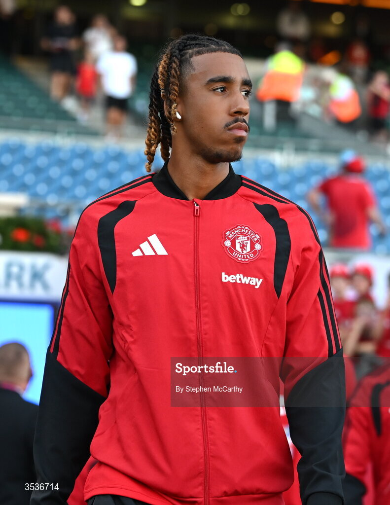 12 August 2026; Leny Yoro of Manchester United walks the pitch before the pre-season friendly match between Manchester United and Leeds United at Croke Park in Dublin. Photo by Stephen McCarthy/Sportsfile
