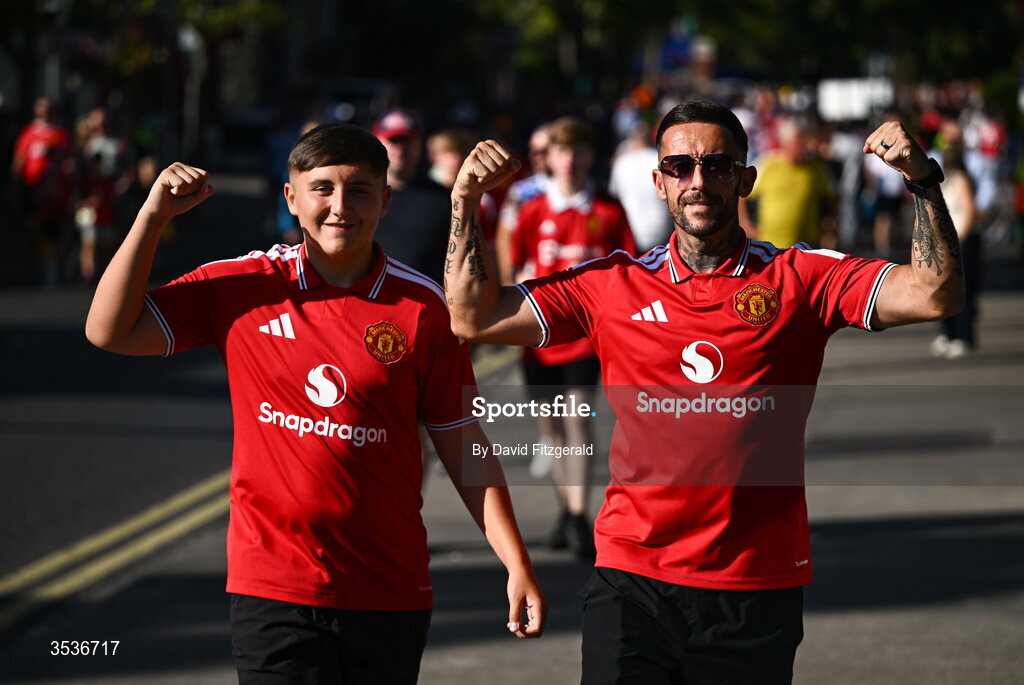 12 August 2026; Manchester United supporters arrive prior to the pre-season friendly match between Manchester United and Leeds United at Croke Park in Dublin. Photo by David Fitzgerald/Sportsfile