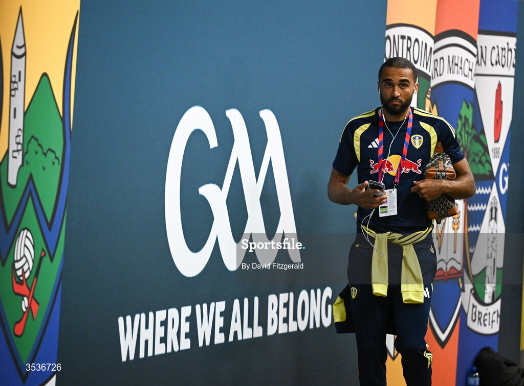 12 August 2026; Dominic Calvert-Lewin of Leeds United arrives before the pre-season friendly match between Manchester United and Leeds United at Croke Park in Dublin. Photo by David Fitzgerald/Sportsfile