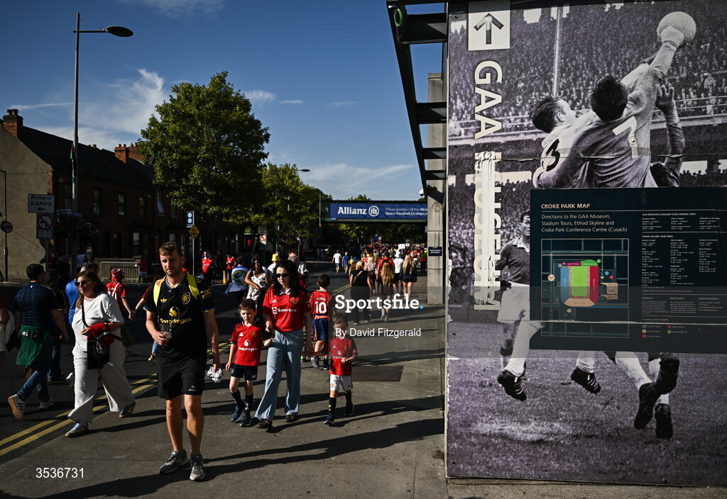 12 August 2026; Leeds United and Manchester United supporters arrive prior to the pre-season friendly match between Manchester United and Leeds United at Croke Park in Dublin. Photo by David Fitzgerald/Sportsfile