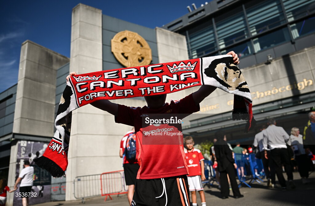 12 August 2026; Manchester United supporter Finn Shannon from Armagh prior to the pre-season friendly match between Manchester United and Leeds United at Croke Park in Dublin. Photo by David Fitzgerald/Sportsfile