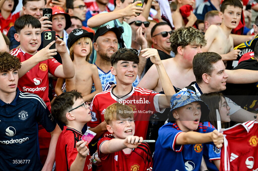 12 August 2026; Manchester United supporters before the pre-season friendly match between Manchester United and Leeds United at Croke Park in Dublin. Photo by Stephen McCarthy/Sportsfile