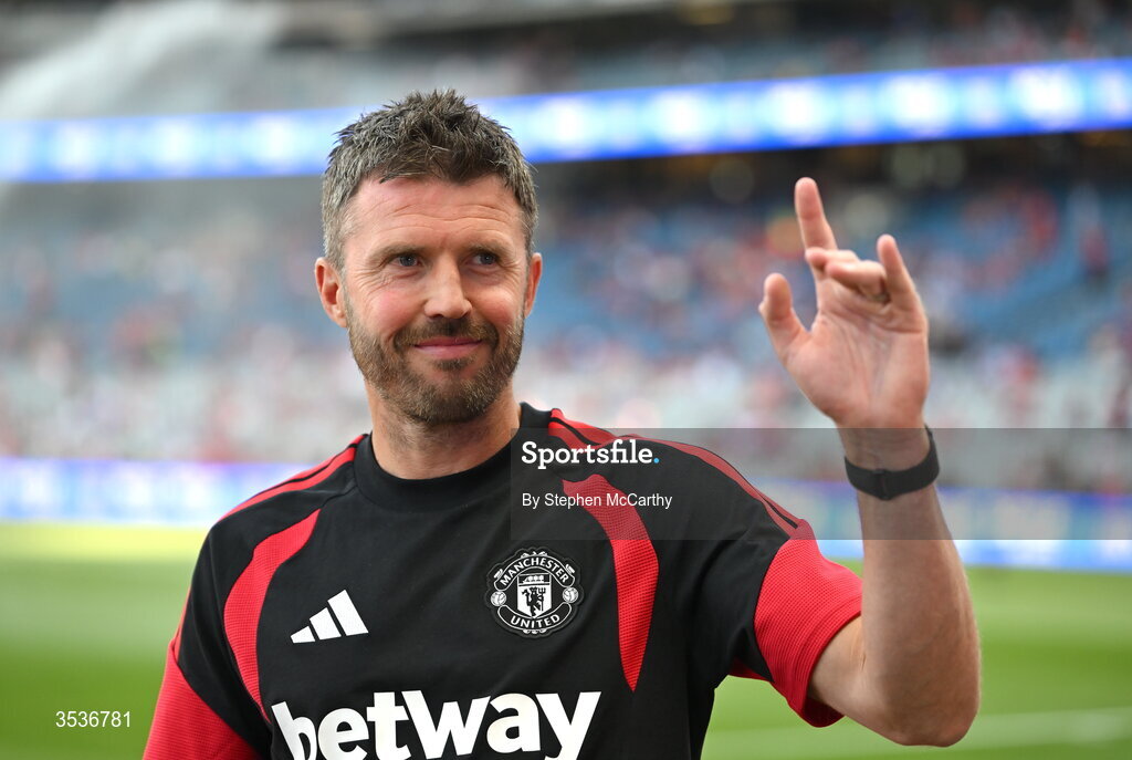 12 August 2026; Manchester United manager Michael Carrick before the pre-season friendly match between Manchester United and Leeds United at Croke Park in Dublin. Photo by Stephen McCarthy/Sportsfile