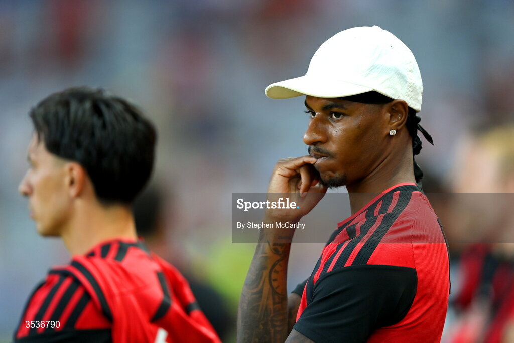 12 August 2026; Marcus Rashford of Manchester United looks on before the pre-season friendly match between Manchester United and Leeds United at Croke Park in Dublin. Photo by Stephen McCarthy/Sportsfile