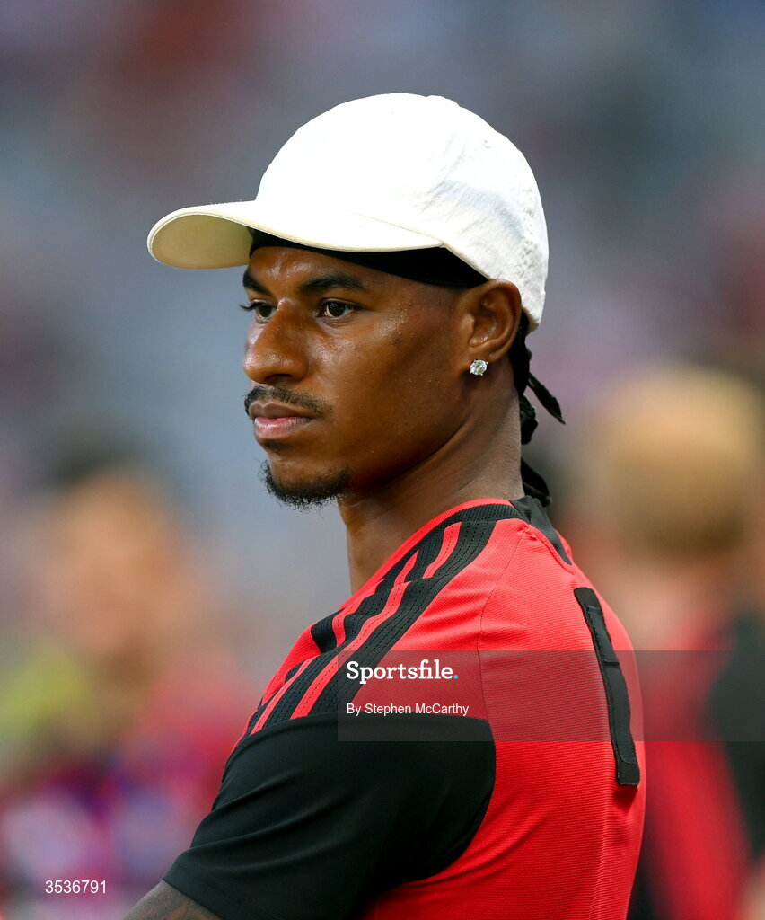 12 August 2026; Marcus Rashford of Manchester United looks on before the pre-season friendly match between Manchester United and Leeds United at Croke Park in Dublin. Photo by Stephen McCarthy/Sportsfile