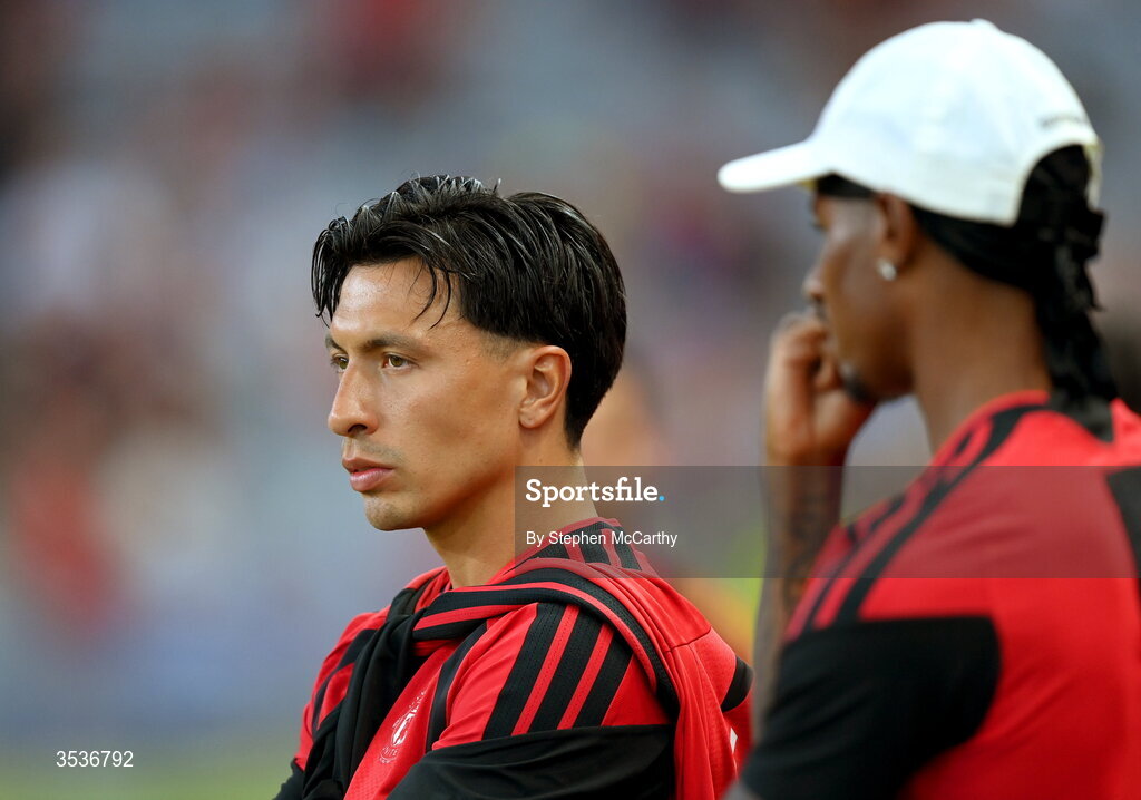 12 August 2026; Lisandro Martinez of Manchester United looks on before the pre-season friendly match between Manchester United and Leeds United at Croke Park in Dublin. Photo by Stephen McCarthy/Sportsfile