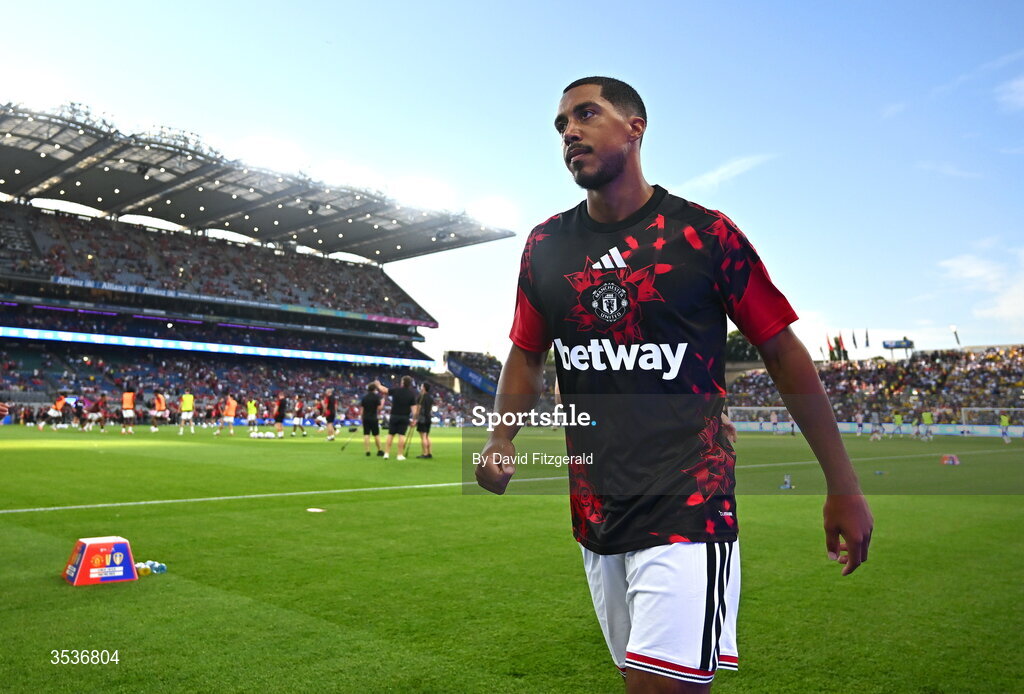 12 August 2026; Youri Tielemans of Manchester United before the pre-season friendly match between Manchester United and Leeds United at Croke Park in Dublin. Photo by David Fitzgerald/Sportsfile