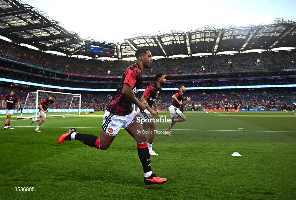 12 August 2026; Youri Tielemans of Manchester United and team mates warm up before the pre-season friendly match between Manchester United and Leeds United at Croke Park in Dublin. Photo by David Fitzgerald/Sportsfile