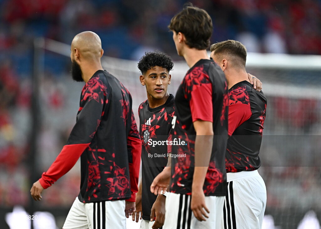 12 August 2026; JJ Gabriel of Manchester United warms up before the pre-season friendly match between Manchester United and Leeds United at Croke Park in Dublin. Photo by David Fitzgerald/Sportsfile