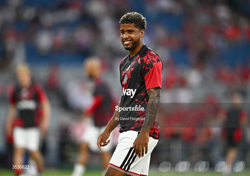 12 August 2026; Andrey Santos of Manchester United warms up before the pre-season friendly match between Manchester United and Leeds United at Croke Park in Dublin. Photo by David Fitzgerald/Sportsfile