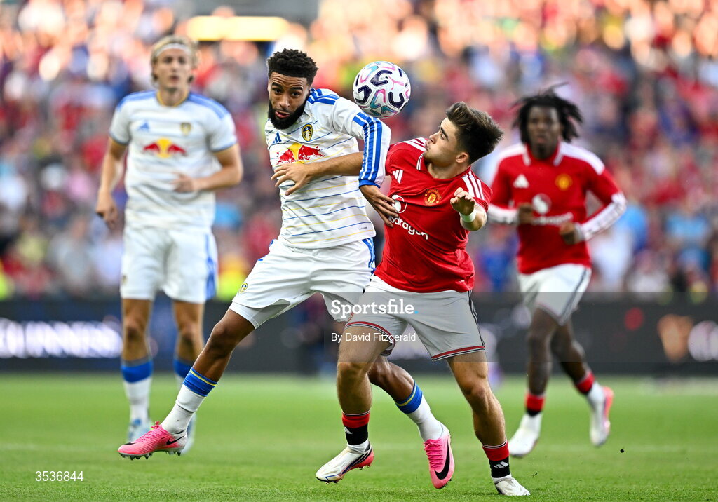 12 August 2026; Harry Amass of Manchester United in action against Jayden Bogle of Leeds United during the pre-season friendly match between Manchester United and Leeds United at Croke Park in Dublin. Photo by David Fitzgerald/Sportsfile