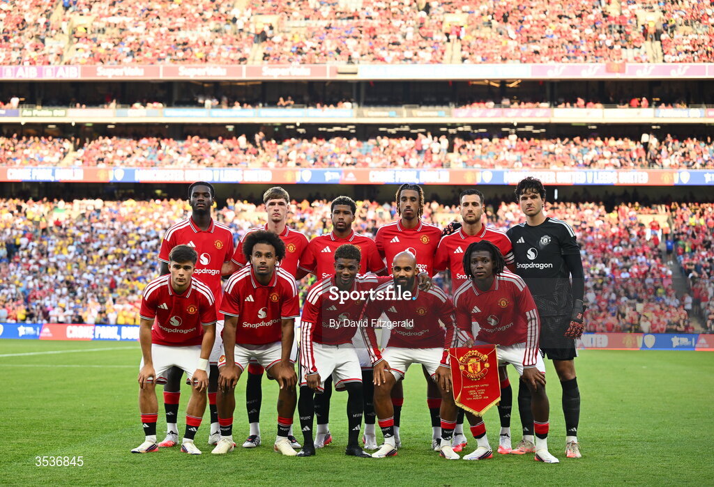 12 August 2026; The Manchester United team before the pre-season friendly match between Manchester United and Leeds United at Croke Park in Dublin. Photo by David Fitzgerald/Sportsfile