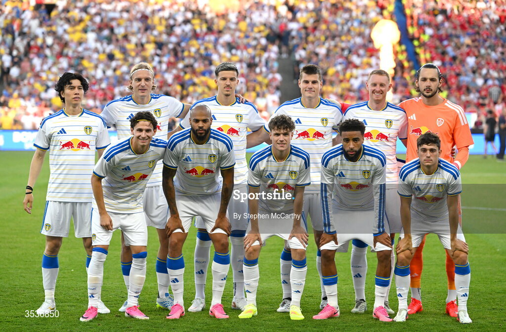 12 August 2026; The Leeds United team before the pre-season friendly match between Manchester United and Leeds United at Croke Park in Dublin. Photo by Stephen McCarthy/Sportsfile