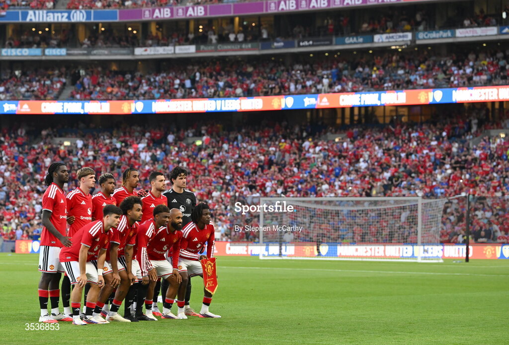 12 August 2026; The Manchester United team before the pre-season friendly match between Manchester United and Leeds United at Croke Park in Dublin. Photo by Stephen McCarthy/Sportsfile
