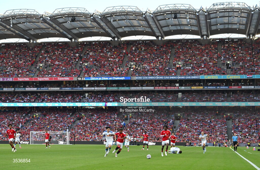 12 August 2026; A general view of match action during the pre-season friendly match between Manchester United and Leeds United at Croke Park in Dublin. Photo by Stephen McCarthy/Sportsfile