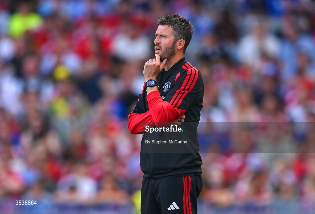 12 August 2026; Manchester United manager Michael Carrick during the pre-season friendly match between Manchester United and Leeds United at Croke Park in Dublin. Photo by Stephen McCarthy/Sportsfile