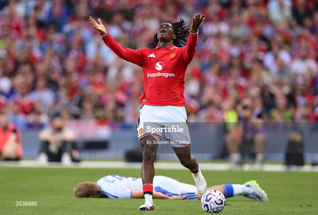 12 August 2026; Patrick Dorgu of Manchester United reacts during the pre-season friendly match between Manchester United and Leeds United at Croke Park in Dublin. Photo by Stephen McCarthy/Sportsfile