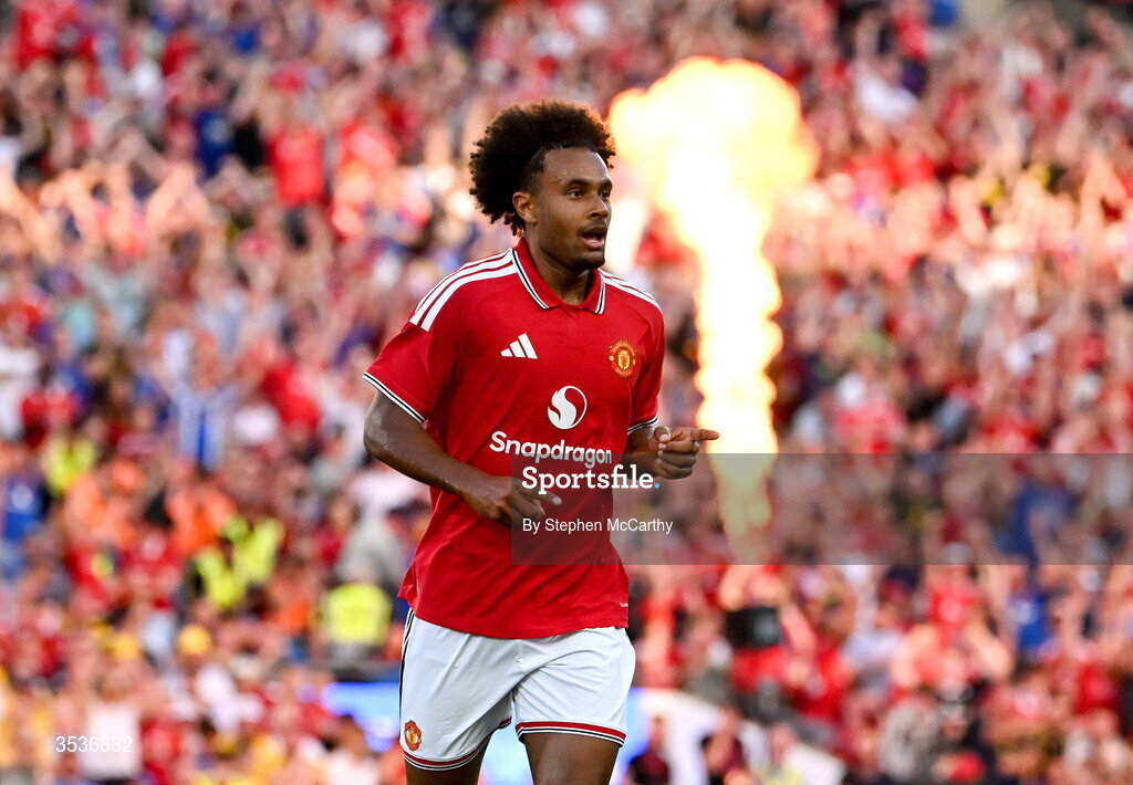 12 August 2026; Joshua Zirkzee of Manchester United celebrates after scoring his side's first goal during the pre-season friendly match between Manchester United and Leeds United at Croke Park in Dublin. Photo by Stephen McCarthy/Sportsfile